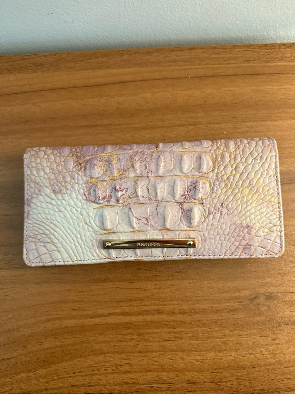 Brahmin Pink and Cream Croc-Embossed Leather Wallet with Gold Accent